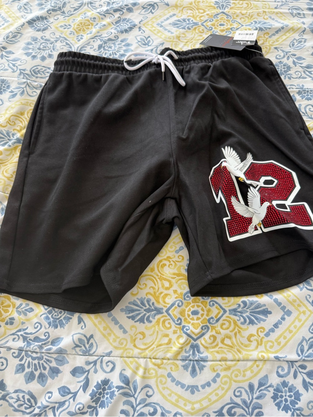 Copper Rivet Black Men’s Athletic Shorts with Red '12' Number and Dove Graphic